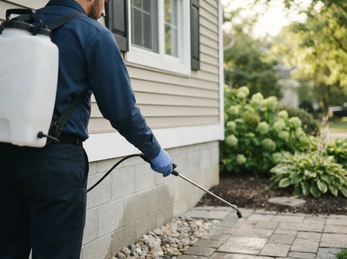 Pest control technician inspecting a home in Copenhagen, NY